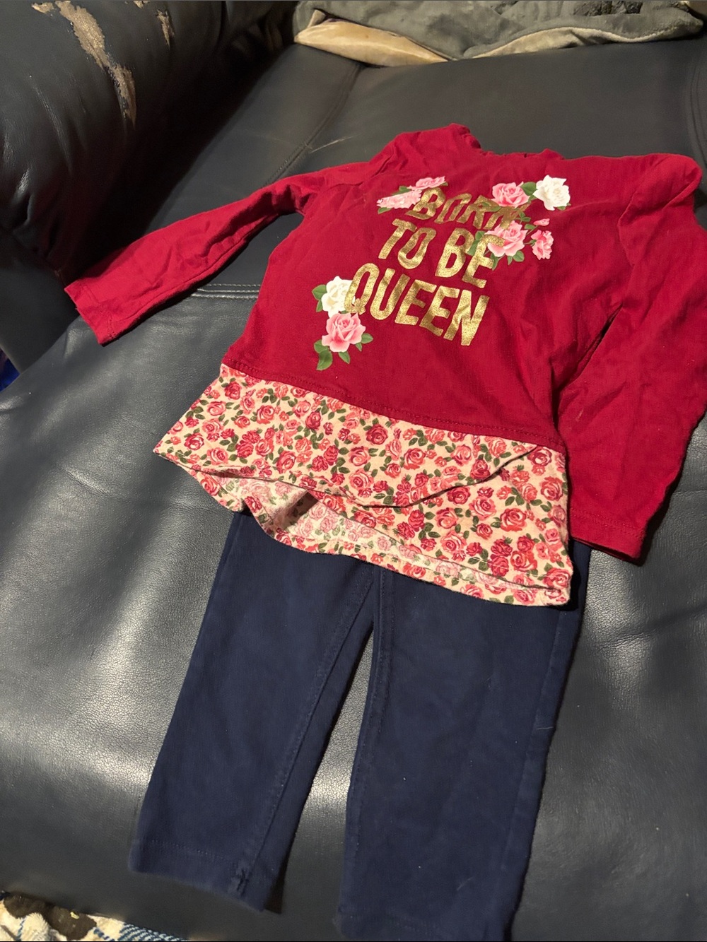 Garanimals Red "Born to Be Queen" Long Sleeve Top with Floral Hem & blue pants